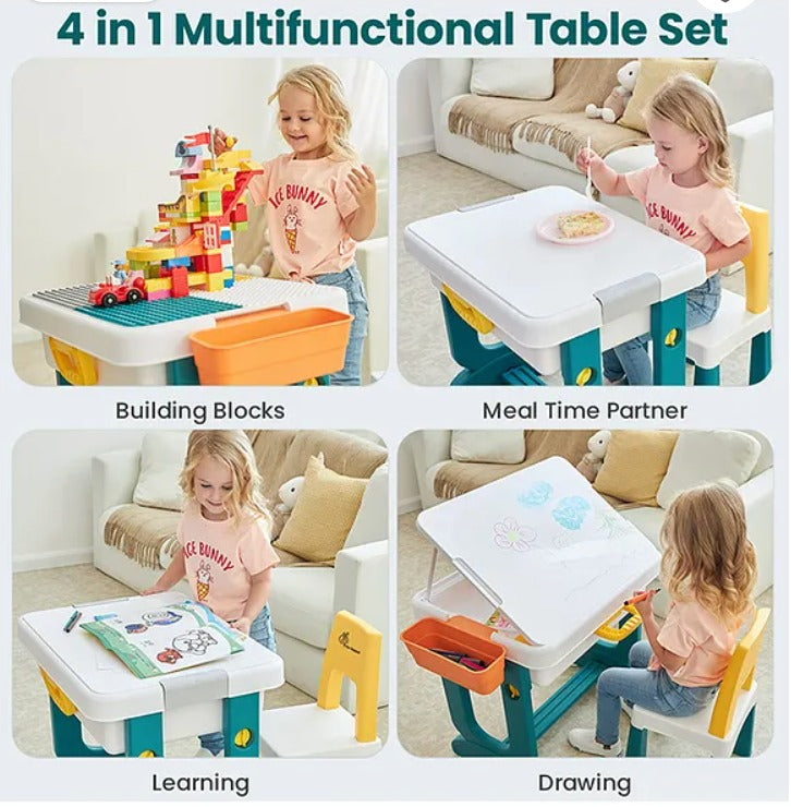 4-in-1 Kids Activity Table & Chair Set with Building Block Top, Storage Bins & Portable Suitcase Design – Ages 3-7