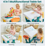 4-in-1 Kids Activity Table & Chair Set with Building Block Top, Storage Bins & Portable Suitcase Design – Ages 3-7