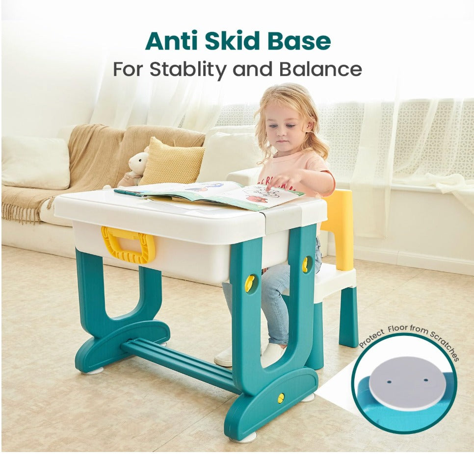 4-in-1 Kids Activity Table & Chair Set with Building Block Top, Storage Bins & Portable Suitcase Design – Ages 3-7