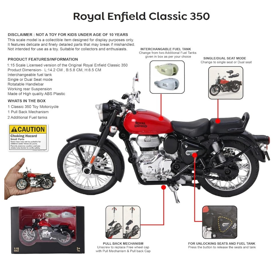 Royal Enfield Classic 350 1:15 Scale Model Motorcycle with Pull-Back Motor, Interchangeable Fuel Tanks & Dual Seat Mode – Collectible, Ages 10+