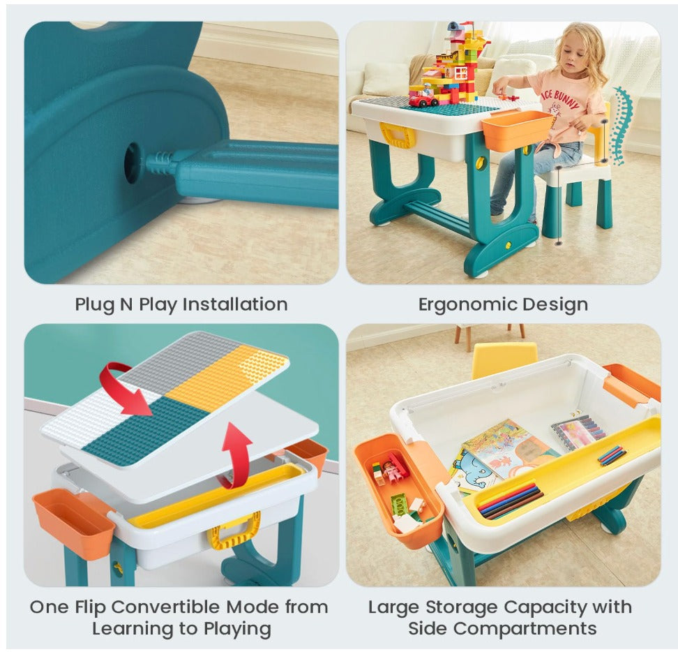 4-in-1 Kids Activity Table & Chair Set with Building Block Top, Storage Bins & Portable Suitcase Design – Ages 3-7