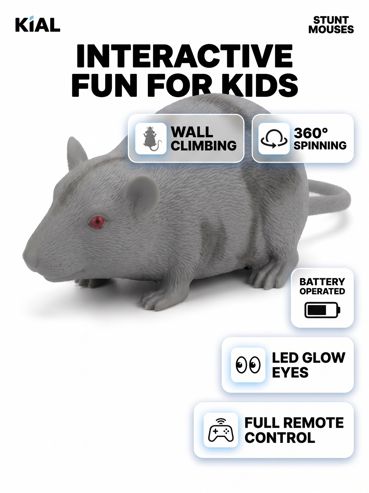 Interactive Stunt Mouse Toy – Remote Control Wall-Climbing Vehicle with 360° Spins & Glowing LED Eyes