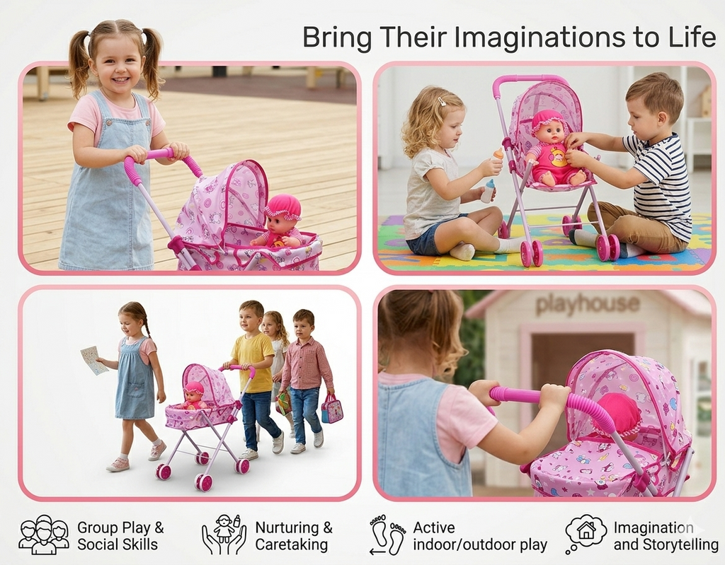 Baby Doll Pram Stroller Set – Foldable Toy Pram with Canopy, Baby Doll & Smooth Rolling Wheels | Pretend Play Pushchair