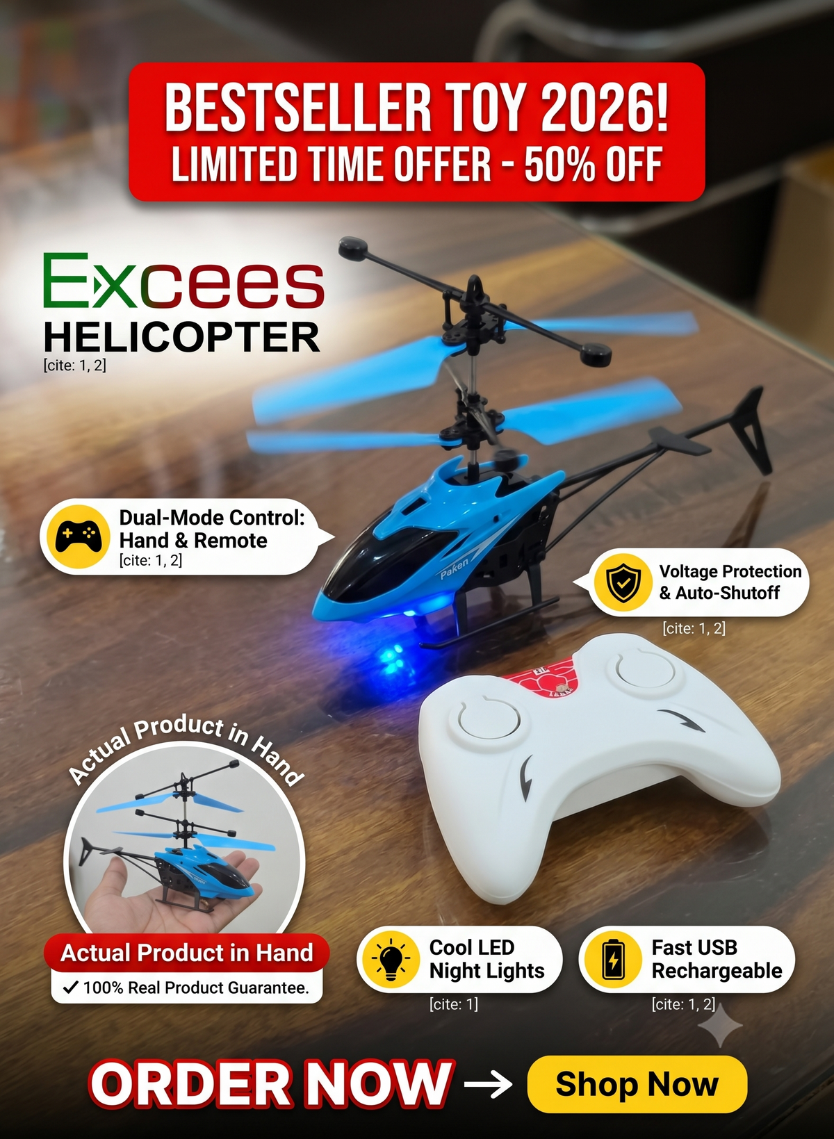 New Age RC Flying Helicopter for Kids | Hand Gravity Sensor, Auto Safety Sensor, USB Rechargeable, Bright LED Lights | Up-Down Movement only I Indoor Toy | Age 4+ Years (Blue)