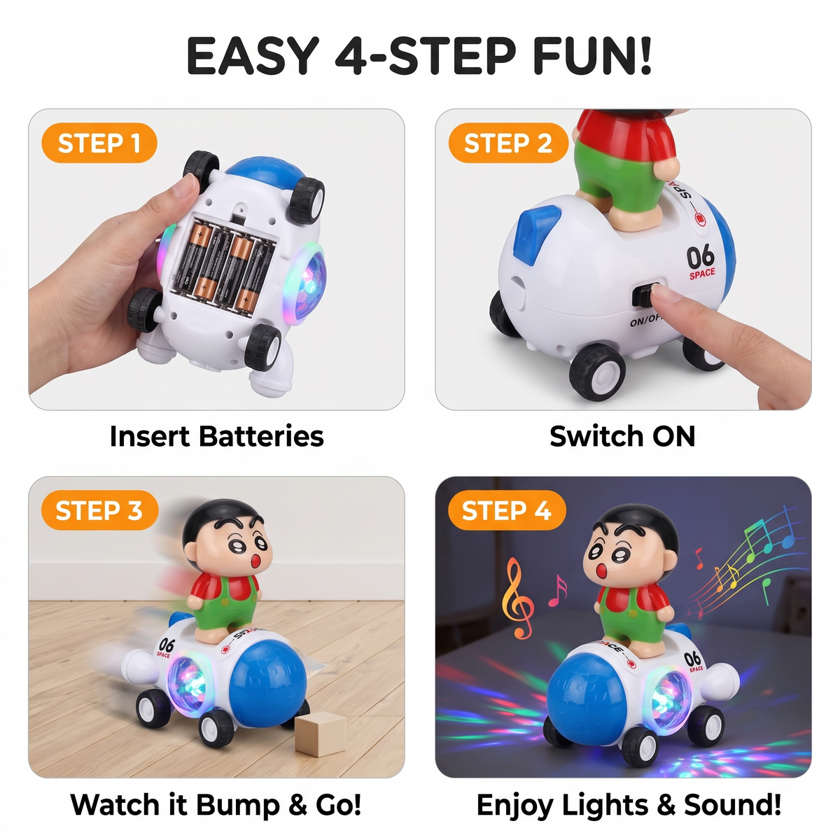 Shin-Chan Interactive Space Rover Toy – 3D Disco Lights, Music & Bump 'N' Go Action (Age 3+)