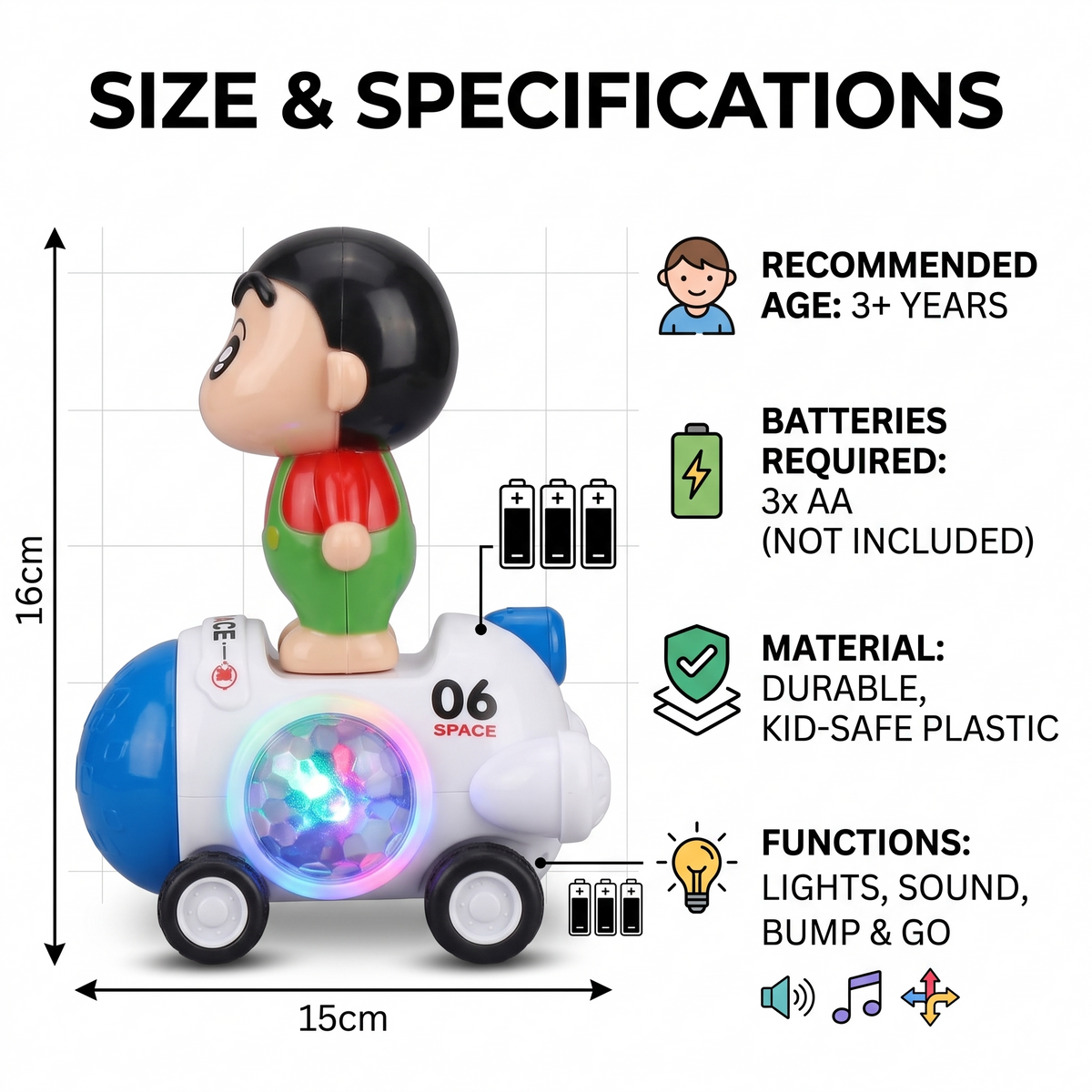 Shin-Chan Interactive Space Rover Toy – 3D Disco Lights, Music & Bump 'N' Go Action (Age 3+)