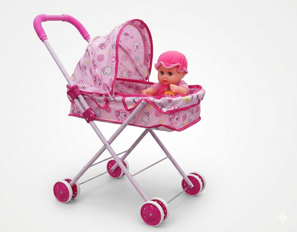 Baby Doll Pram Stroller Set – Foldable Toy Pram with Canopy, Baby Doll & Smooth Rolling Wheels | Pretend Play Pushchair