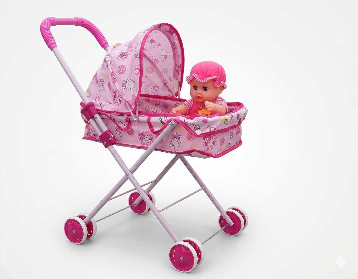 Baby Doll Pram Stroller Set – Foldable Toy Pram with Canopy, Baby Doll & Smooth Rolling Wheels | Pretend Play Pushchair