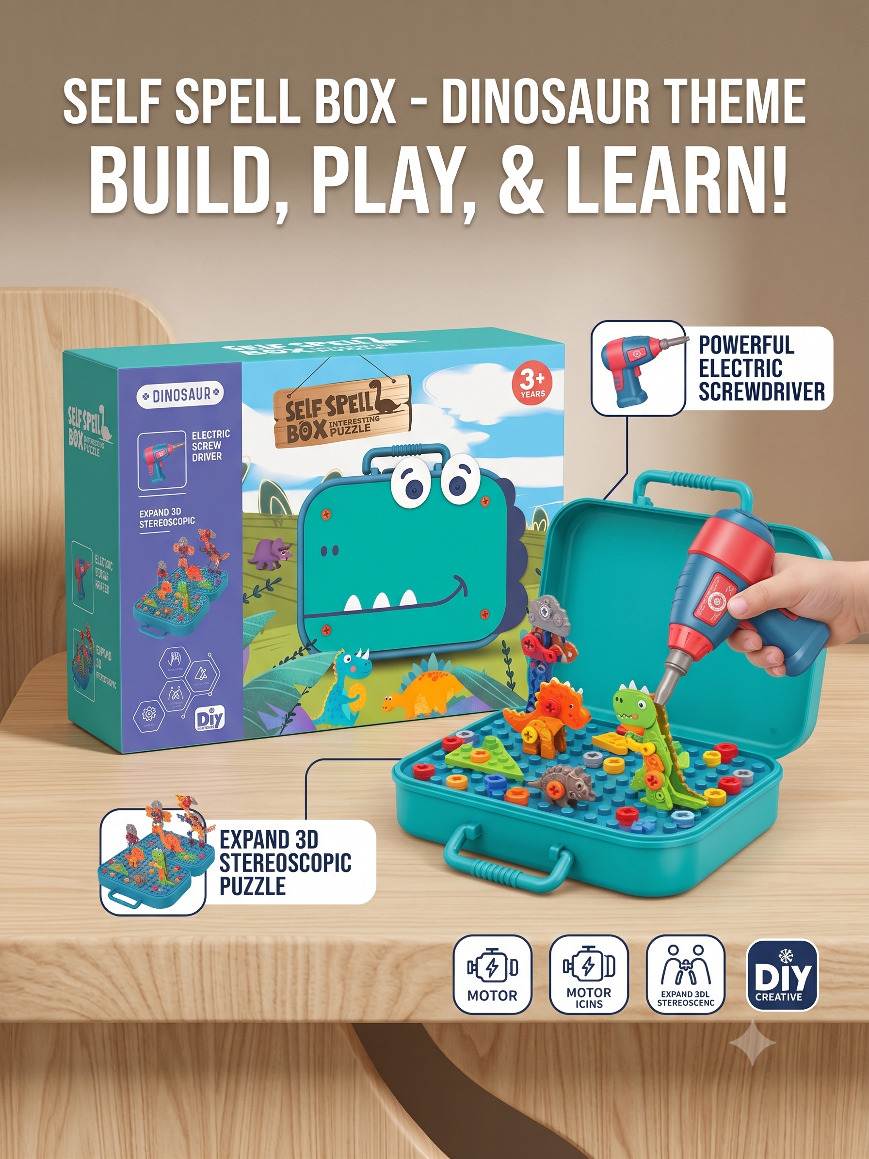 Electric Drill Screw Puzzle Set| Creative Dinosaur Themed Art Puzzle for Kids| 351 Pieces with Electric Screwdriver| 2D & 3D Building Block Kit| STEM Educational Activity Set for Boys & Girls