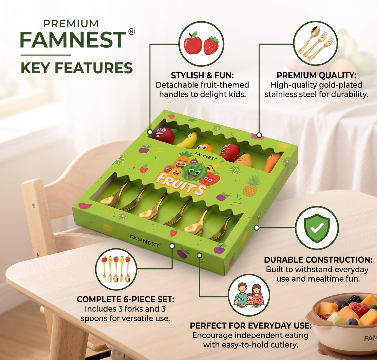 FAMNEST 6-Piece Fruit Cutlery Set for Kids – Premium Gold-Finish Stainless Steel 3 Spoons & 3 Forks with Detachable Fruit Character Toppers – Toddler Mealtime Flatware Set in Gift Box