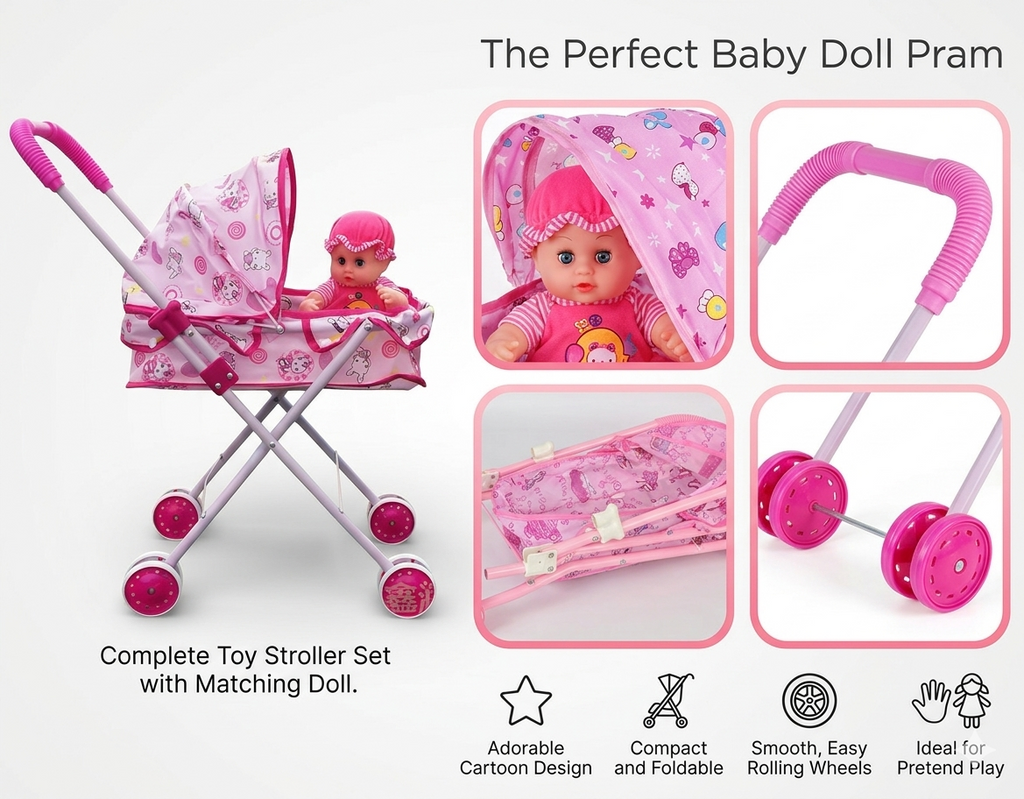 Baby Doll Pram Stroller Set – Foldable Toy Pram with Canopy, Baby Doll & Smooth Rolling Wheels | Pretend Play Pushchair