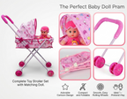 Baby Doll Pram Stroller Set – Foldable Toy Pram with Canopy, Baby Doll & Smooth Rolling Wheels | Pretend Play Pushchair