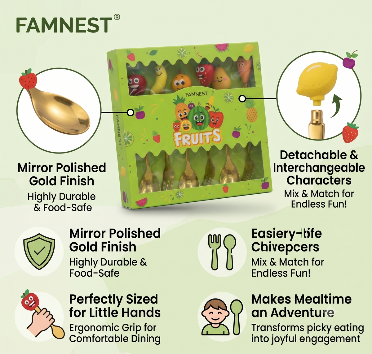 FAMNEST 6-Piece Fruit Cutlery Set for Kids – Premium Gold-Finish Stainless Steel 3 Spoons & 3 Forks with Detachable Fruit Character Toppers – Toddler Mealtime Flatware Set in Gift Box
