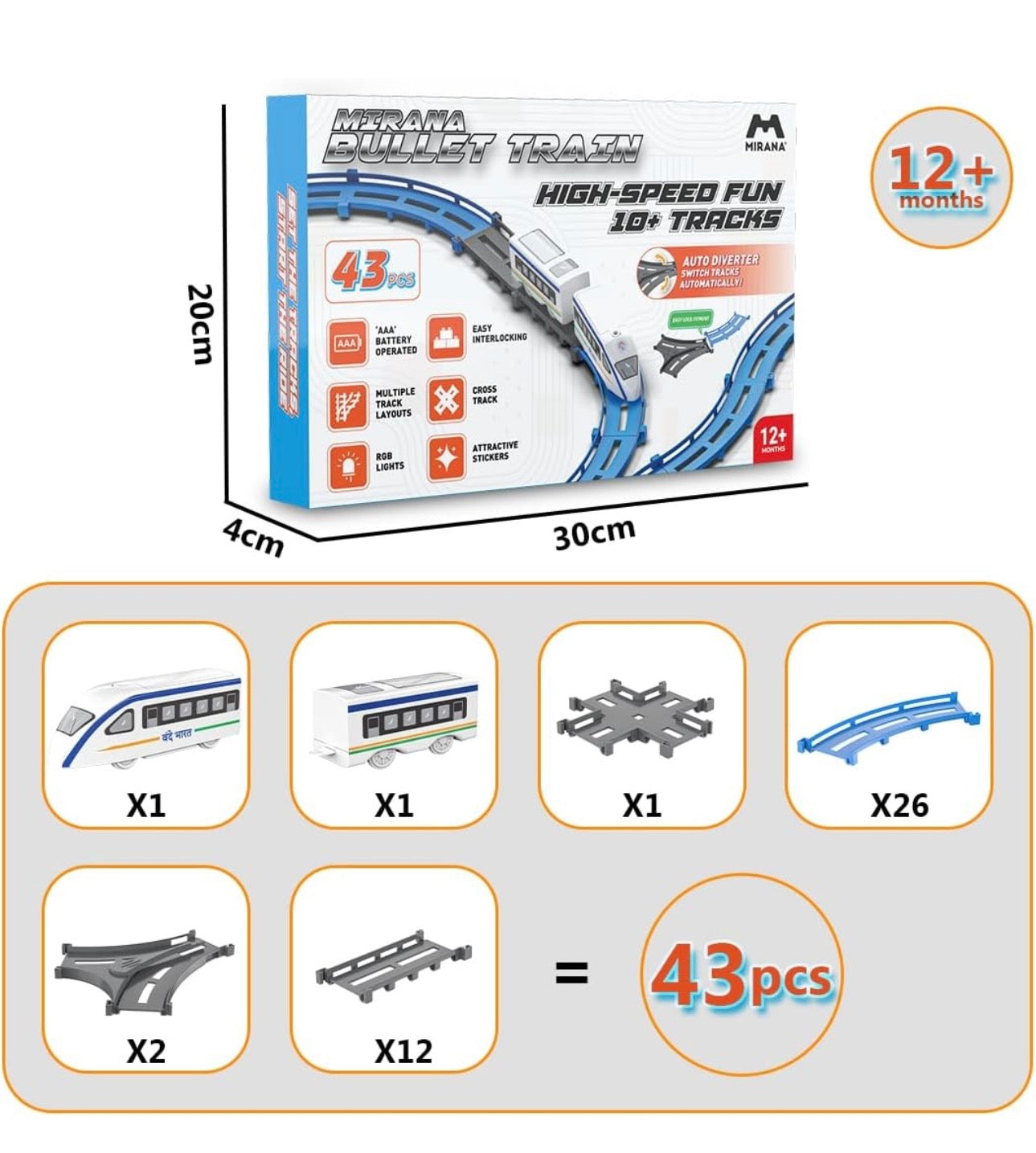 Vande Bharat Bullet Train Set – 43 Piece Railway Track Set with RGB Lights, Auto Diverter & DIY Track Layouts