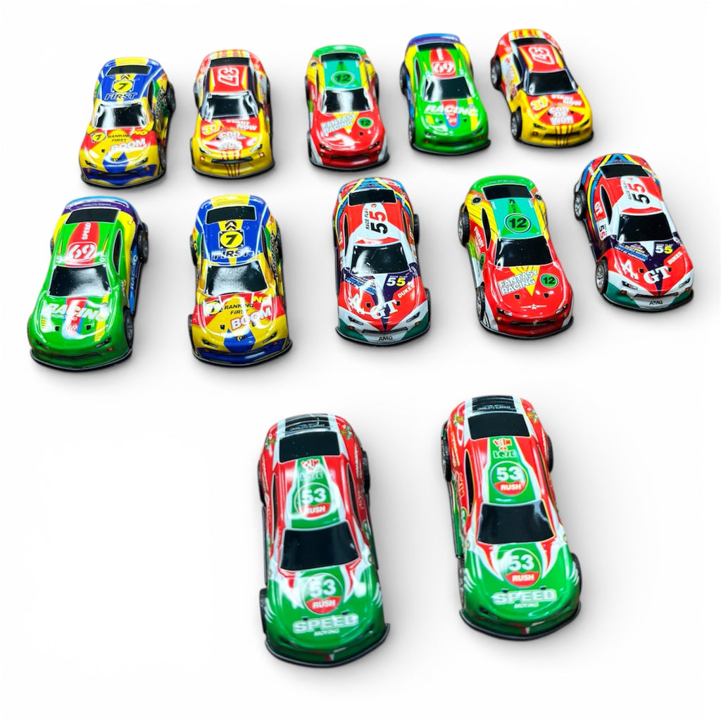 Mini Racing Cars Set – Pack of 12 Pull-Back Die-Cast Style Race Cars with Colourful Livery