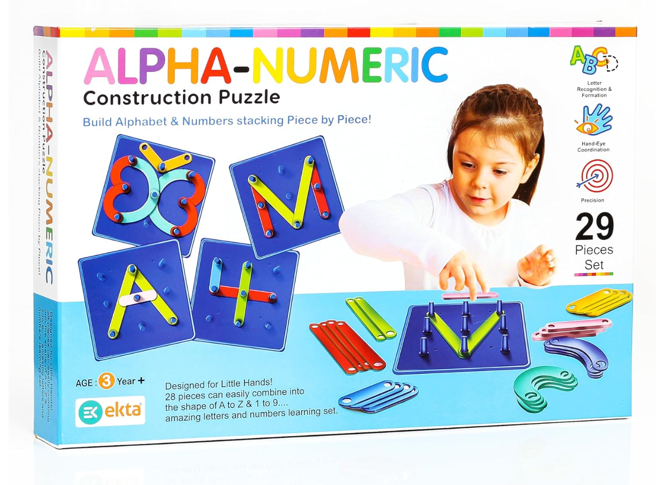 Ekta Alpha-Numeric Construction Puzzle – 29 Piece Build A to Z & 1 to 9 Montessori Learning Set | Ages 3+