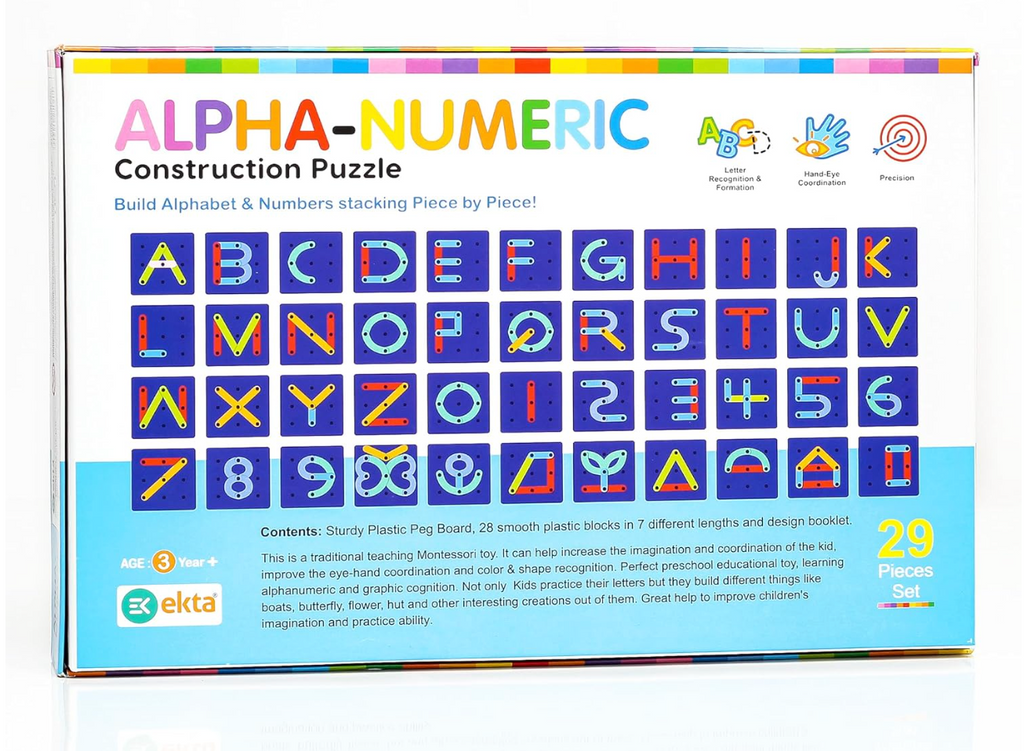Ekta Alpha-Numeric Construction Puzzle – 29 Piece Build A to Z & 1 to 9 Montessori Learning Set | Ages 3+