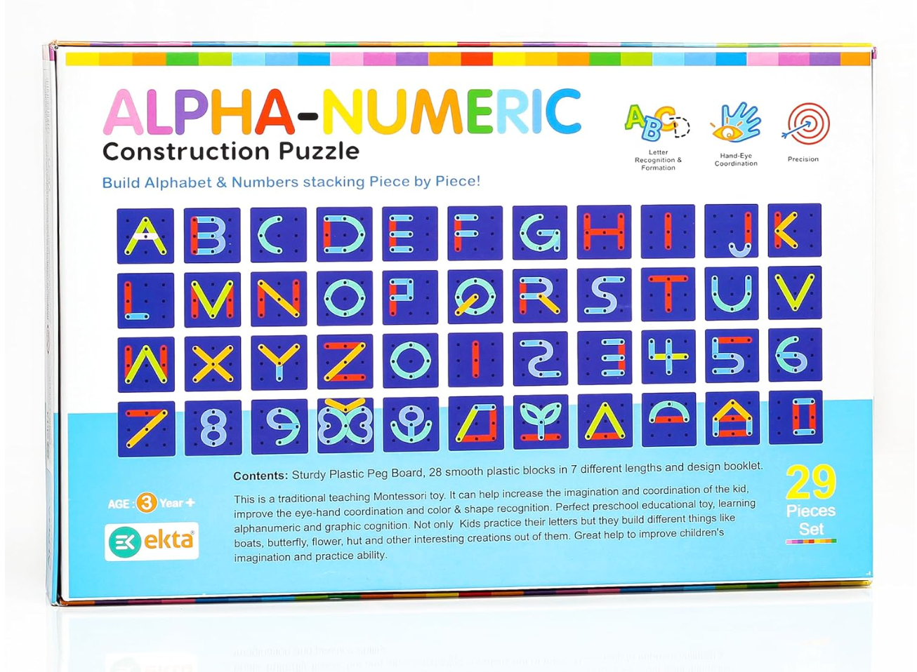 Ekta Alpha-Numeric Construction Puzzle – 29 Piece Build A to Z & 1 to 9 Montessori Learning Set | Ages 3+