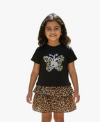Black Cotton T-Shirt with Sequin Butterfly Patch and Tiered Leopard Print Ruffle Skirt – Toddler & Little Girls Fashion