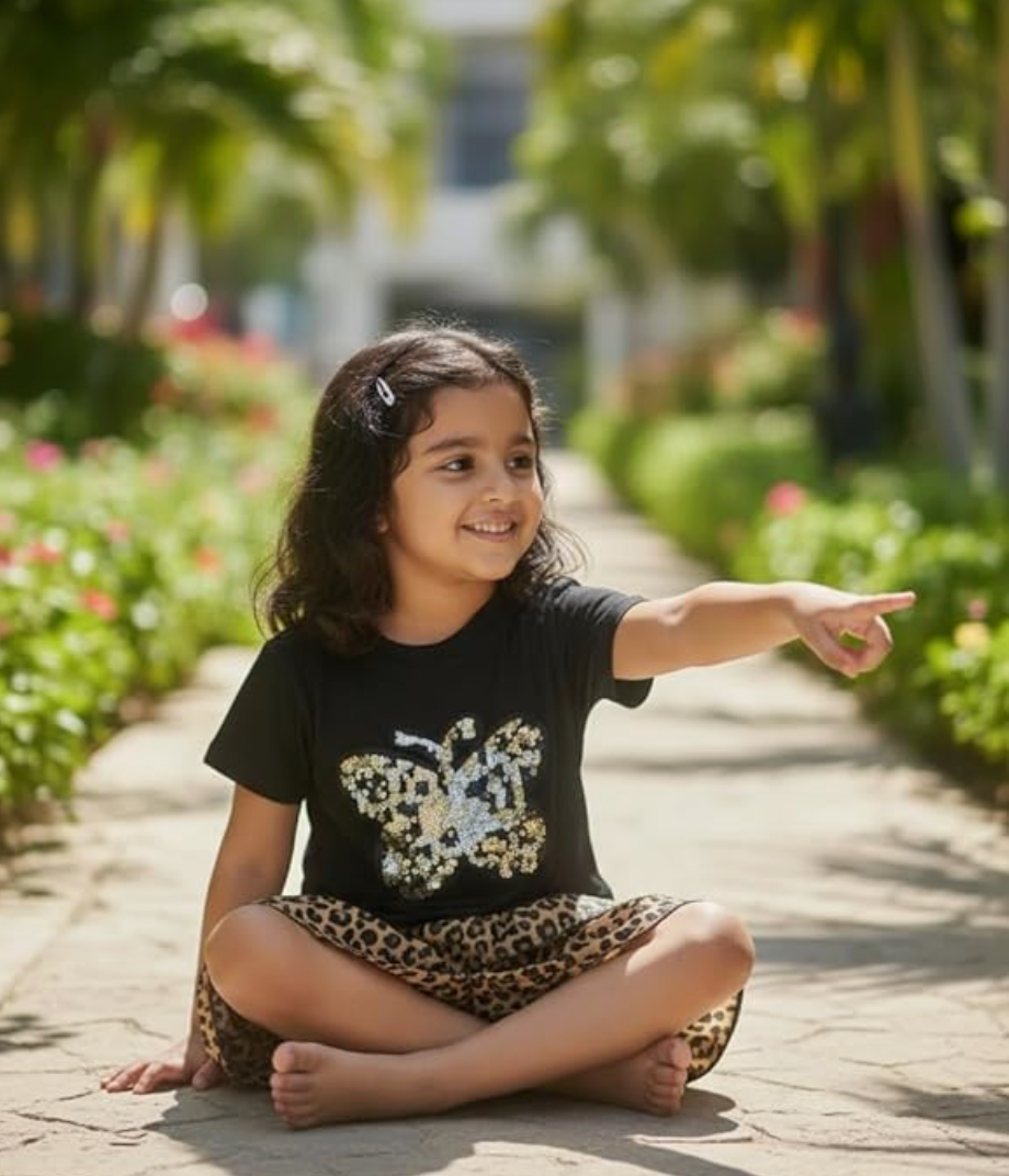 Black Cotton T-Shirt with Sequin Butterfly Patch and Tiered Leopard Print Ruffle Skirt – Toddler & Little Girls Fashion