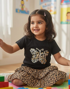 Black Cotton T-Shirt with Sequin Butterfly Patch and Tiered Leopard Print Ruffle Skirt – Toddler & Little Girls Fashion