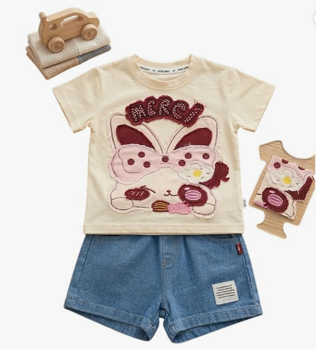 2-Piece Summer Outfit Set, Soft Cotton Merci Bunny Applique T-Shirt with Denim Shorts, Beige and Blue
