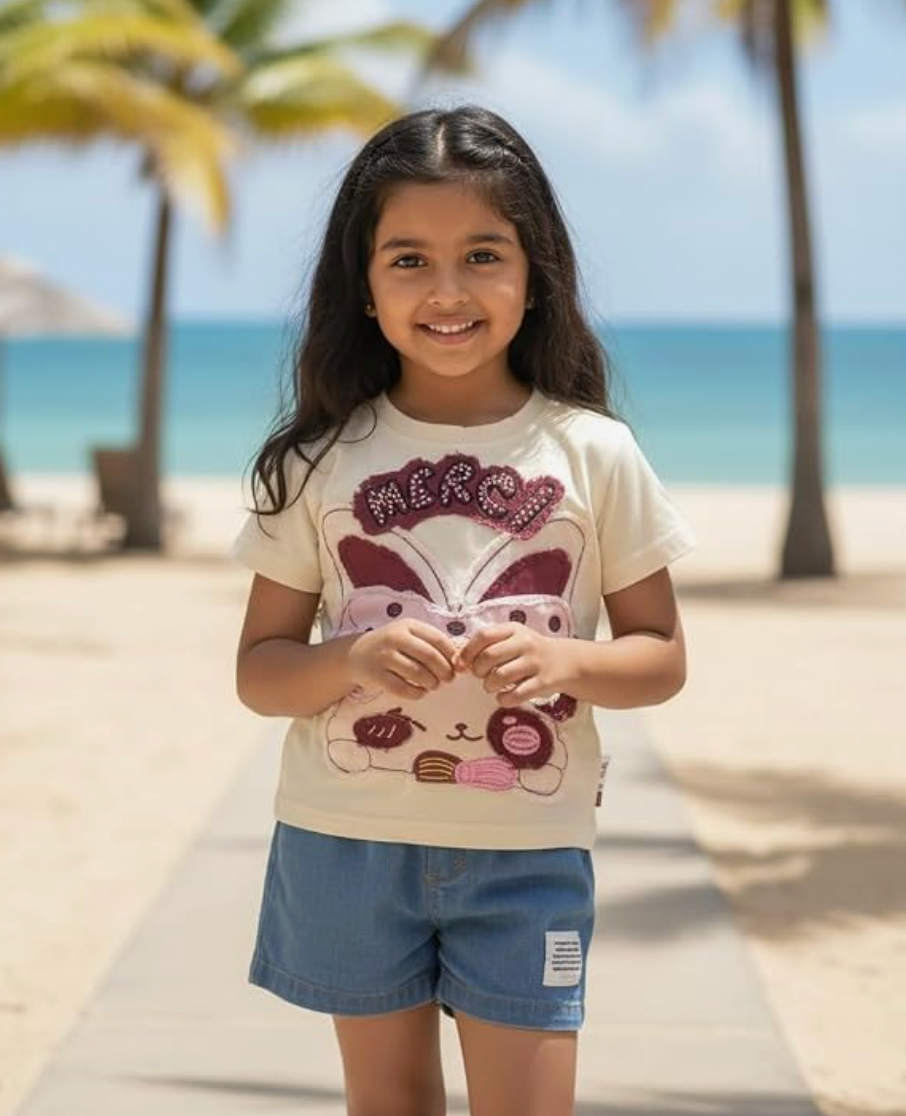 2-Piece Summer Outfit Set, Soft Cotton Merci Bunny Applique T-Shirt with Denim Shorts, Beige and Blue
