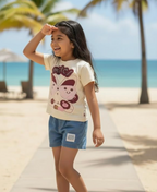 2-Piece Summer Outfit Set, Soft Cotton Merci Bunny Applique T-Shirt with Denim Shorts, Beige and Blue