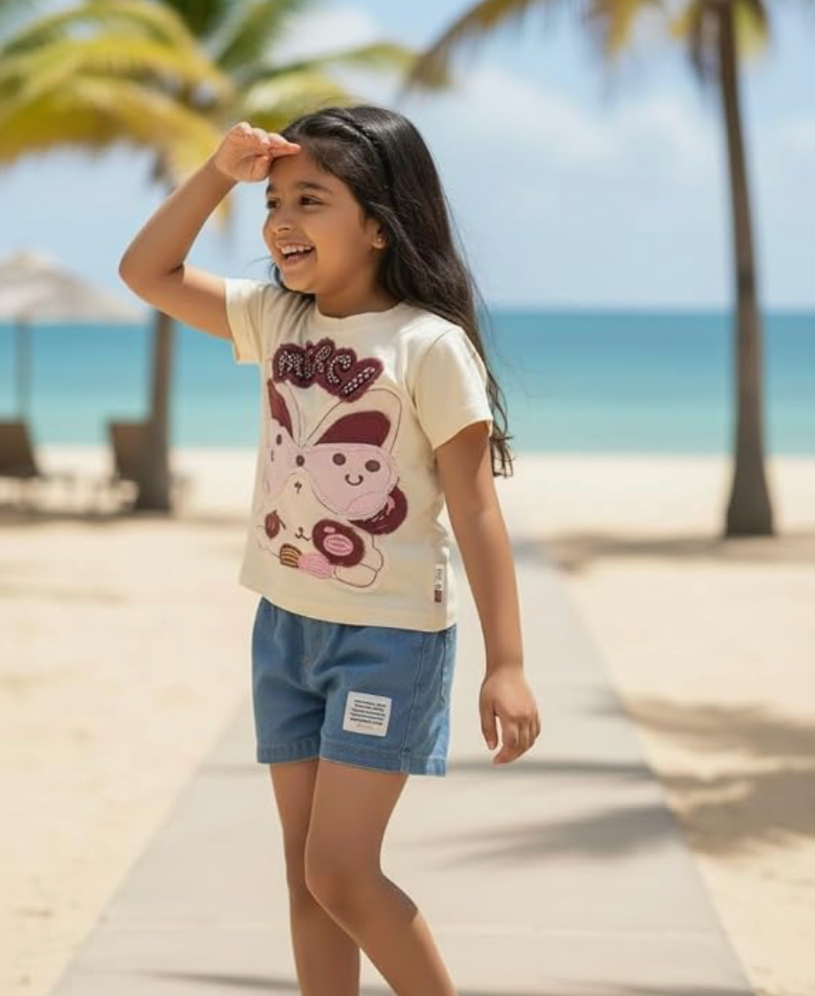 2-Piece Summer Outfit Set, Soft Cotton Merci Bunny Applique T-Shirt with Denim Shorts, Beige and Blue