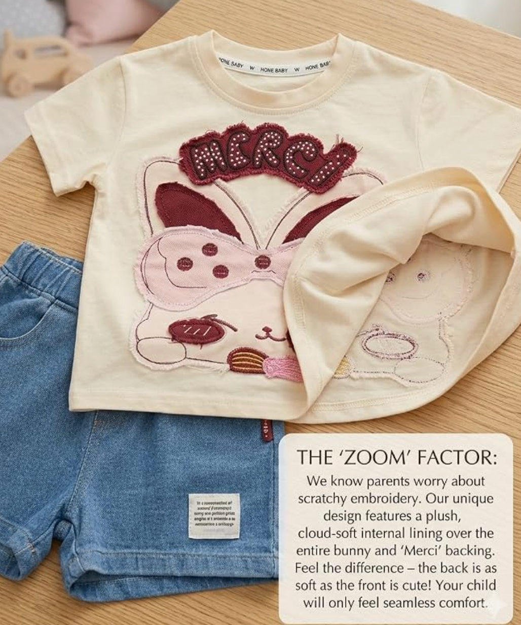 2-Piece Summer Outfit Set, Soft Cotton Merci Bunny Applique T-Shirt with Denim Shorts, Beige and Blue