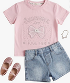 Sparkling Girls 2-Piece Outfit Set, Pink T-Shirt with Rhinestone Bow Design and Denim Shorts, Cotton, Toddler and Little Girls