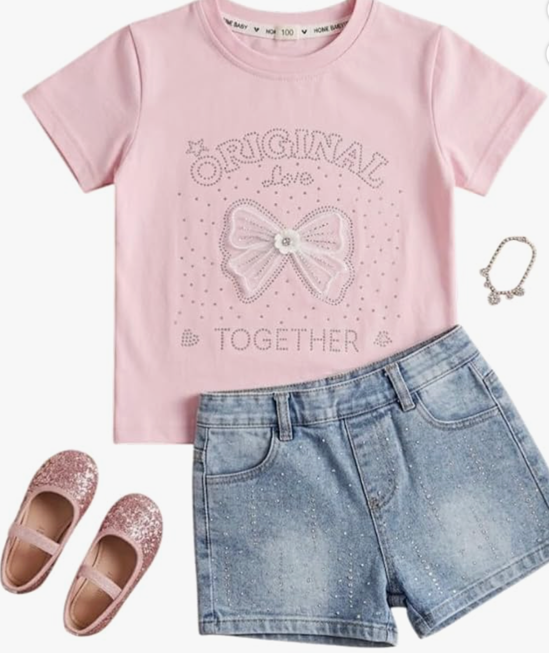 Sparkling Girls 2-Piece Outfit Set, Pink T-Shirt with Rhinestone Bow Design and Denim Shorts, Cotton, Toddler and Little Girls