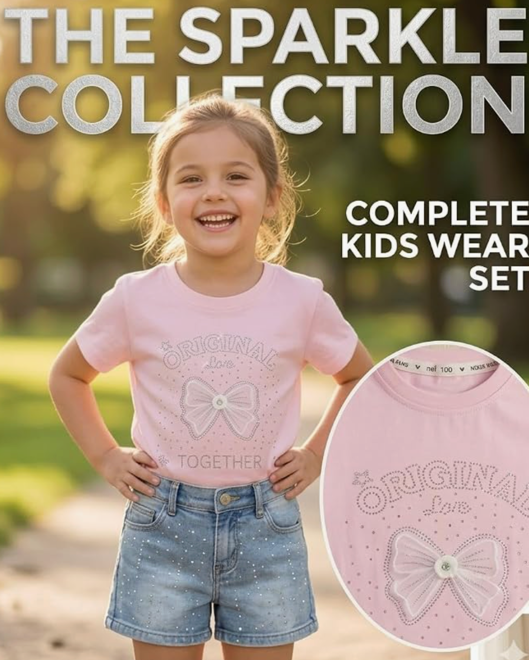 Sparkling Girls 2-Piece Outfit Set, Pink T-Shirt with Rhinestone Bow Design and Denim Shorts, Cotton, Toddler and Little Girls