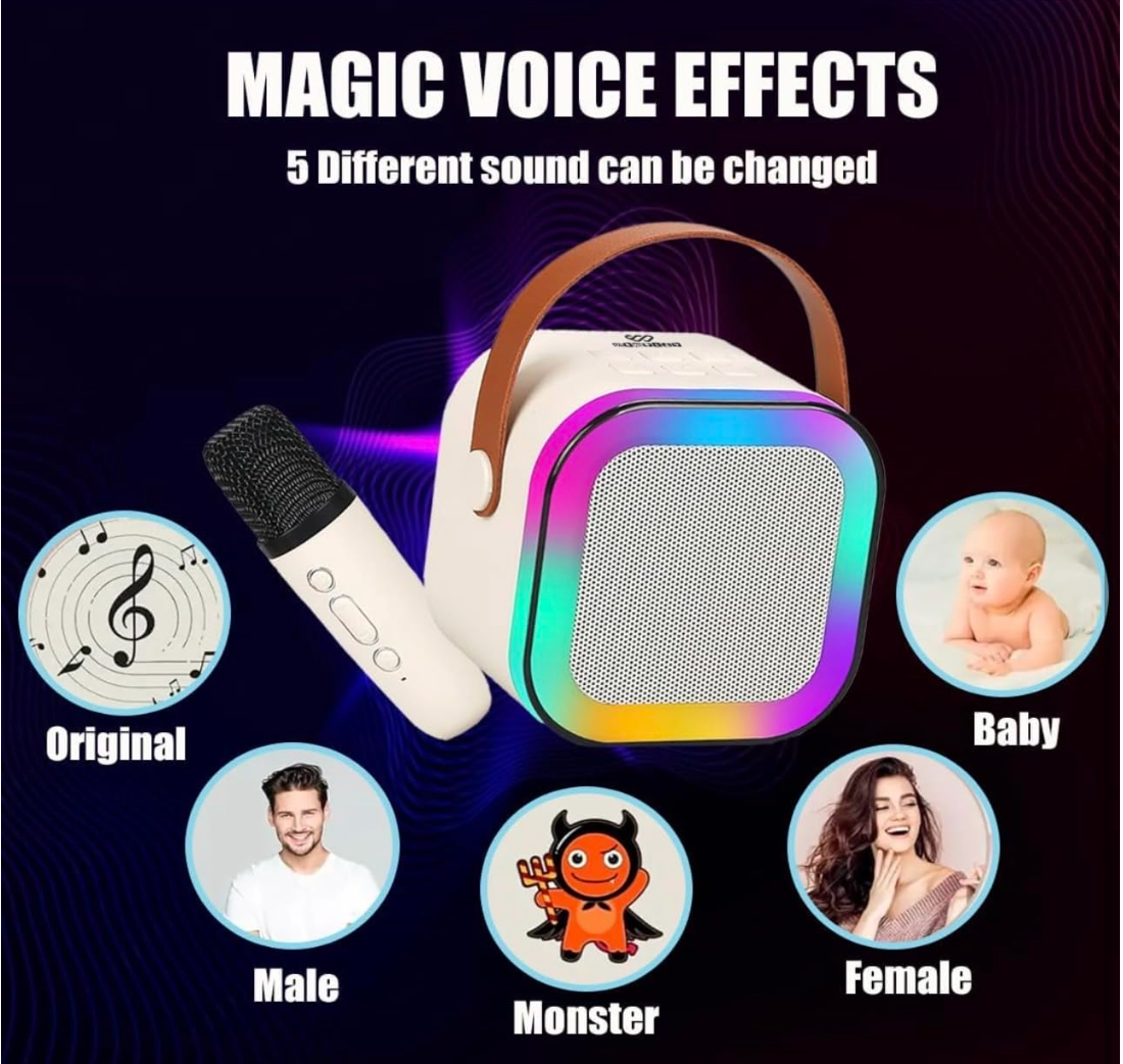 Kids Karaoke Speaker with Wireless Microphone | Voice Changer Toy with Multiple Sound Effects | Portable Music Speaker with LED Lights | Singing & Pretend Play Toy for Children