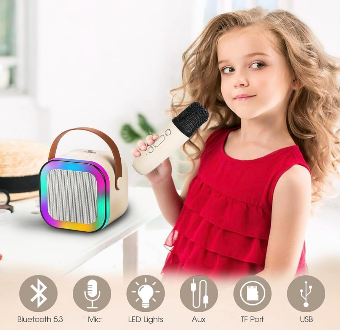 Kids Karaoke Speaker with Wireless Microphone | Voice Changer Toy with Multiple Sound Effects | Portable Music Speaker with LED Lights | Singing & Pretend Play Toy for Children