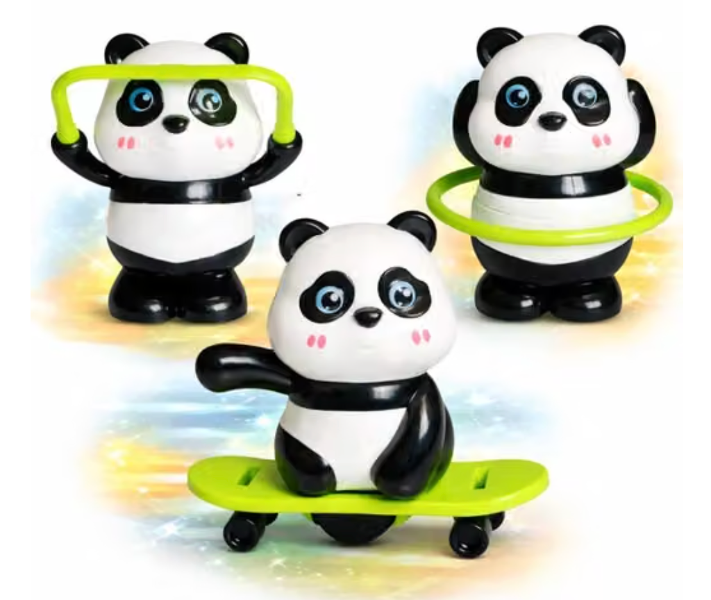 Cute Panda Action Toy Set for Kids, 3 PCS Interactive Rotating Panda Play Figures with Skateboard, Hula Hoop & Jump Rope, Educational Moving Toys Gift for Boys and Girls Age 3+