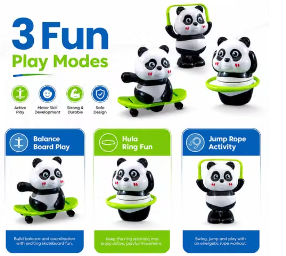 Cute Panda Action Toy Set for Kids, 3 PCS Interactive Rotating Panda Play Figures with Skateboard, Hula Hoop & Jump Rope, Educational Moving Toys Gift for Boys and Girls Age 3+