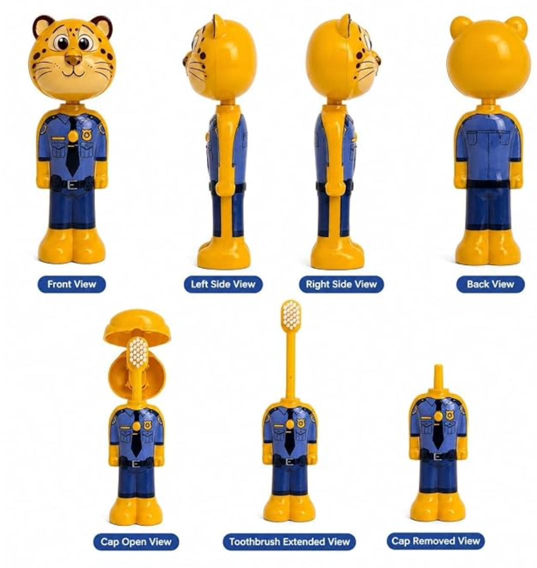 Extendable Character Toothbrush for Kids – Pop-Up Standable Manual Toothbrush with Protective Animal Cap, Extra-Soft Bristles for Travel & Everyday Brushing (Pack of 3)