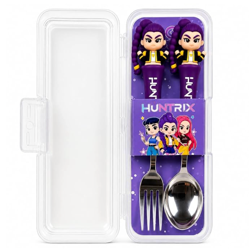 FAMNEST Kids Cutlery Set with Travel Case – Food-Grade Stainless Steel Spoon & Fork Set with Character Easy-Grip Handle for Toddlers, School Lunchbox, Travel & Picnics (Purple / Kuromi Anime Theme)
