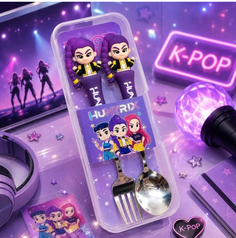 FAMNEST Kids Cutlery Set with Travel Case – Food-Grade Stainless Steel Spoon & Fork Set with Character Easy-Grip Handle for Toddlers, School Lunchbox, Travel & Picnics (Purple / Kuromi Anime Theme)
