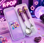 FAMNEST Kids Cutlery Set with Travel Case – Food-Grade Stainless Steel Spoon & Fork Set with Character Easy-Grip Handle for Toddlers, School Lunchbox, Travel & Picnics (Purple / Kuromi Anime Theme)