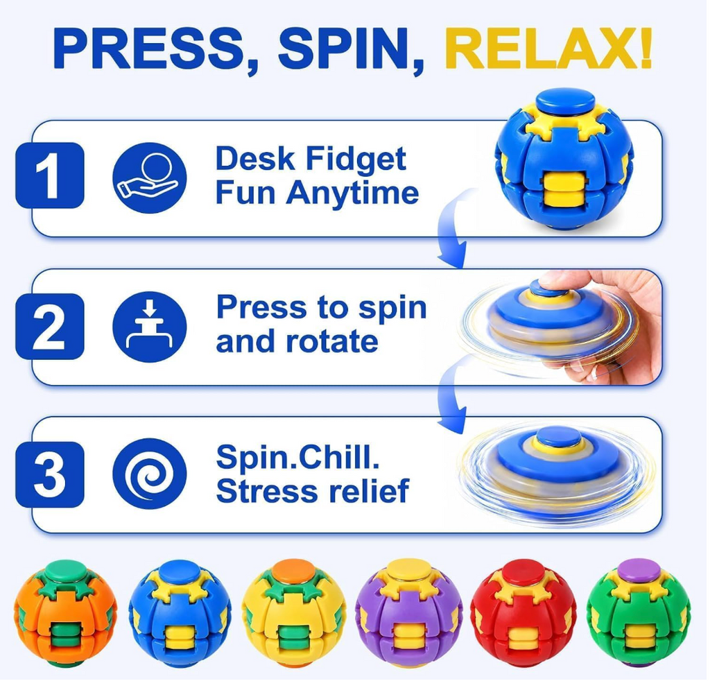 Press to Spin Fidget Ball ( Pack of 2) | 360 Degree Rotating Gyroscopic Spinner Toy for Kids & Adults | Portable Multicolour Stress Relief Desk Toy | Autism & Anxiety Relief, Pocket Size