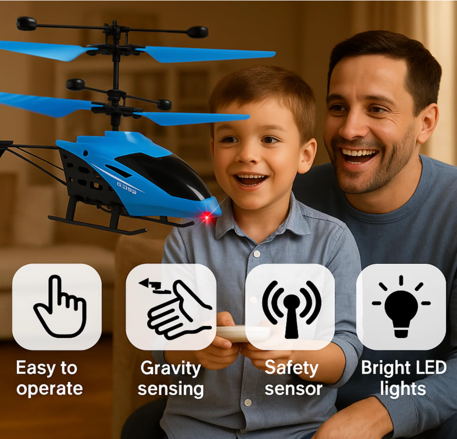 New Age RC Flying Helicopter for Kids | Hand Gravity Sensor, Auto Safety Sensor, USB Rechargeable, Bright LED Lights | Up-Down Movement only I Indoor Toy | Age 4+ Years (Blue)