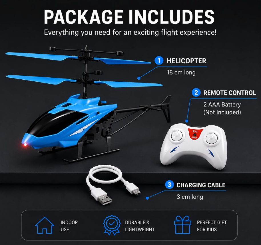 New Age RC Flying Helicopter for Kids | Hand Gravity Sensor, Auto Safety Sensor, USB Rechargeable, Bright LED Lights | Up-Down Movement only I Indoor Toy | Age 4+ Years (Blue)
