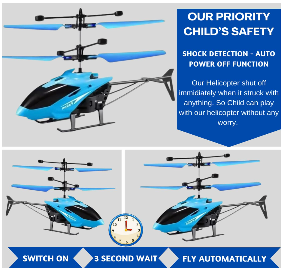 New Age RC Flying Helicopter for Kids | Hand Gravity Sensor, Auto Safety Sensor, USB Rechargeable, Bright LED Lights | Up-Down Movement only I Indoor Toy | Age 4+ Years (Blue)