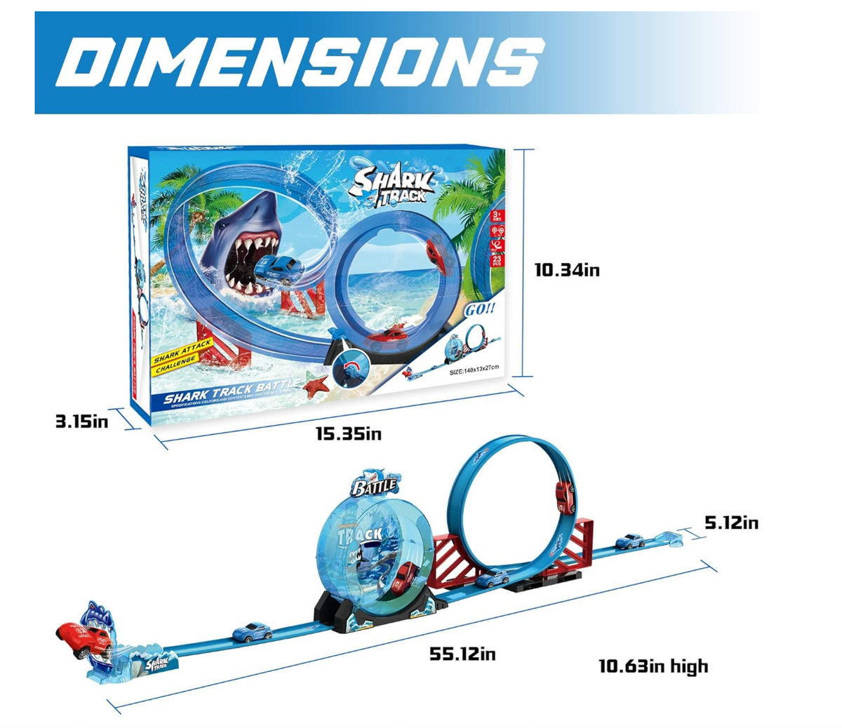 Shark Track Battle Loop Car Racing Set - 23 Pcs with 360 Degree Loop, Twist-Open Rocker & 2 Cars (Ages 3+)