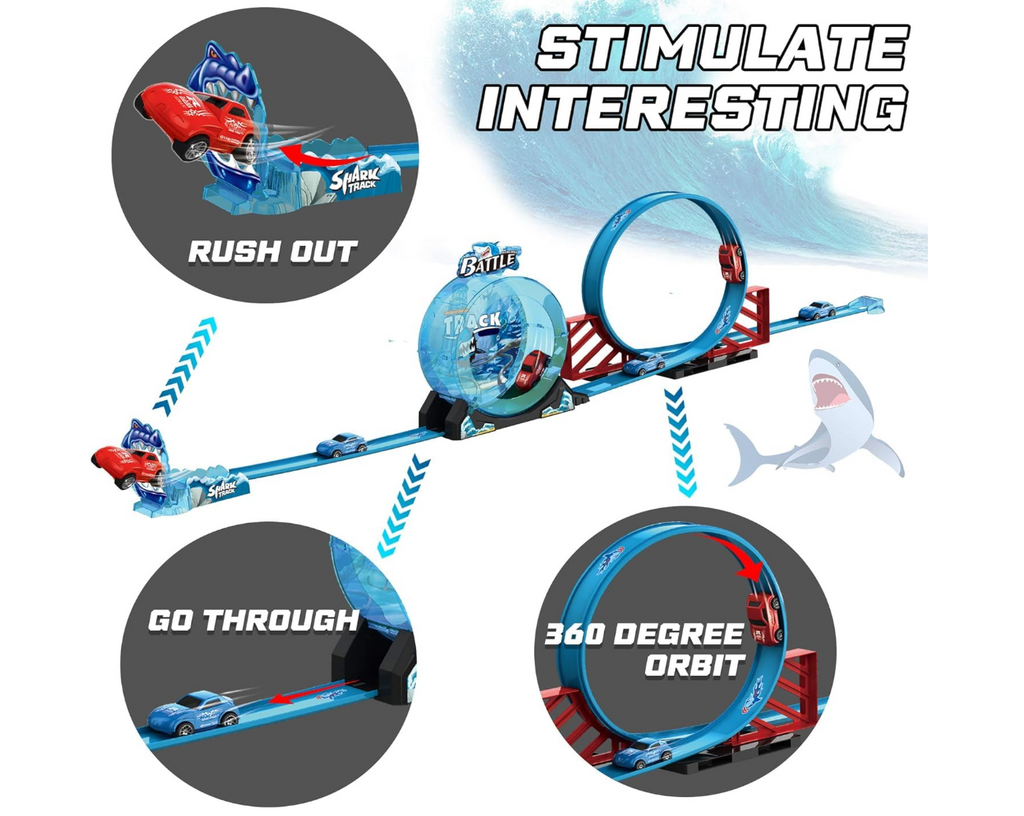 Shark Track Battle Loop Car Racing Set - 23 Pcs with 360 Degree Loop, Twist-Open Rocker & 2 Cars (Ages 3+)