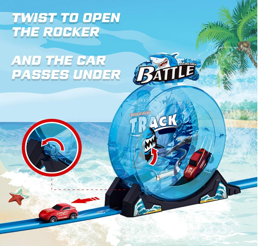 Shark Track Battle Loop Car Racing Set - 23 Pcs with 360 Degree Loop, Twist-Open Rocker & 2 Cars (Ages 3+)