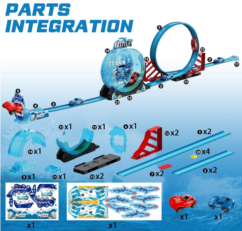 Shark Track Battle Loop Car Racing Set - 23 Pcs with 360 Degree Loop, Twist-Open Rocker & 2 Cars (Ages 3+)