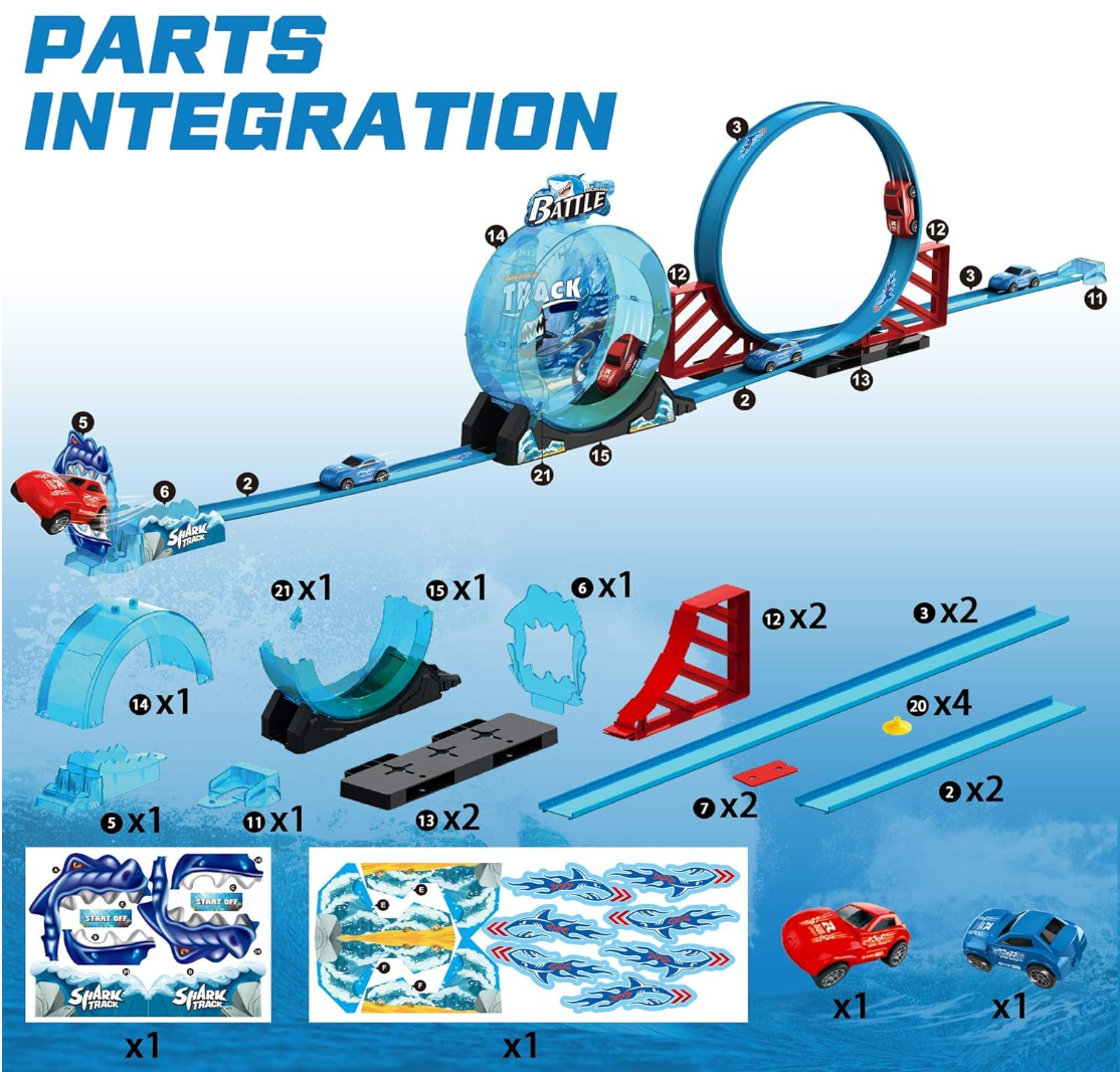 Shark Track Battle Loop Car Racing Set - 23 Pcs with 360 Degree Loop, Twist-Open Rocker & 2 Cars (Ages 3+)